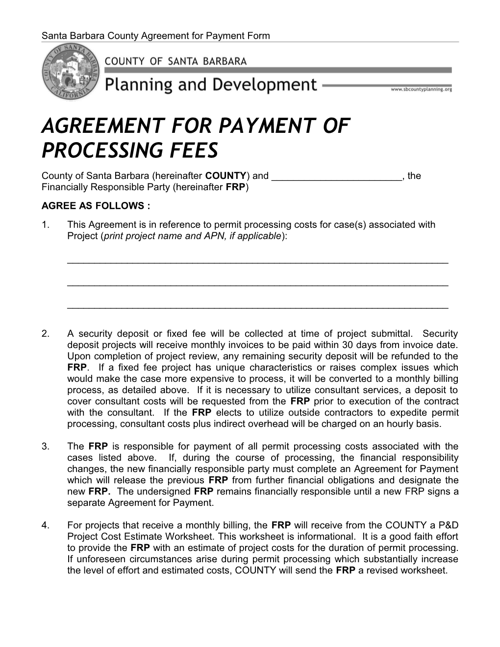 Santa Barbara County Agreement for Payment Form