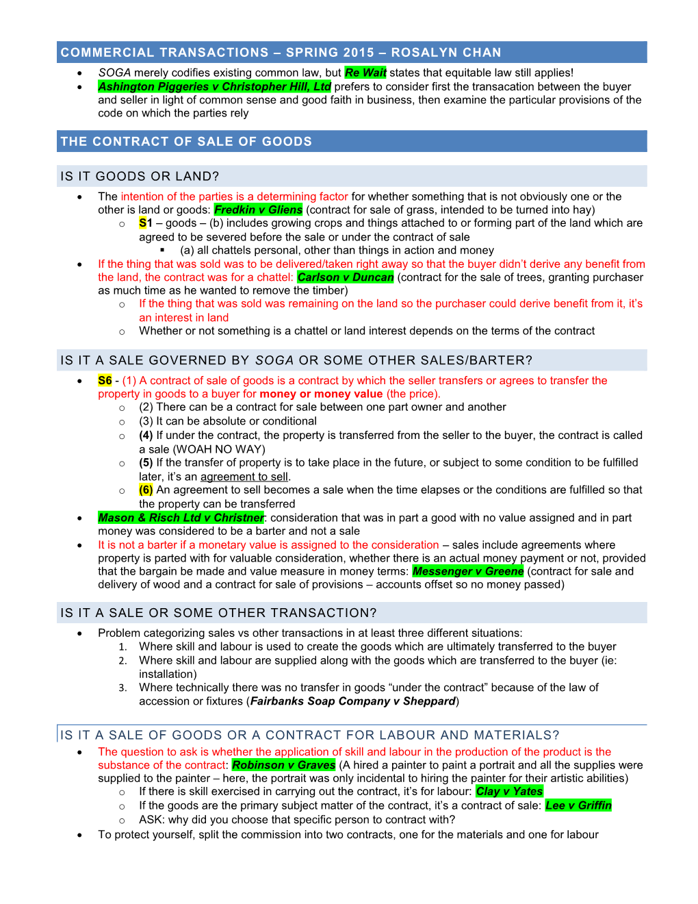 Commercial Transactions Spring 2015 Rosalyn Chan