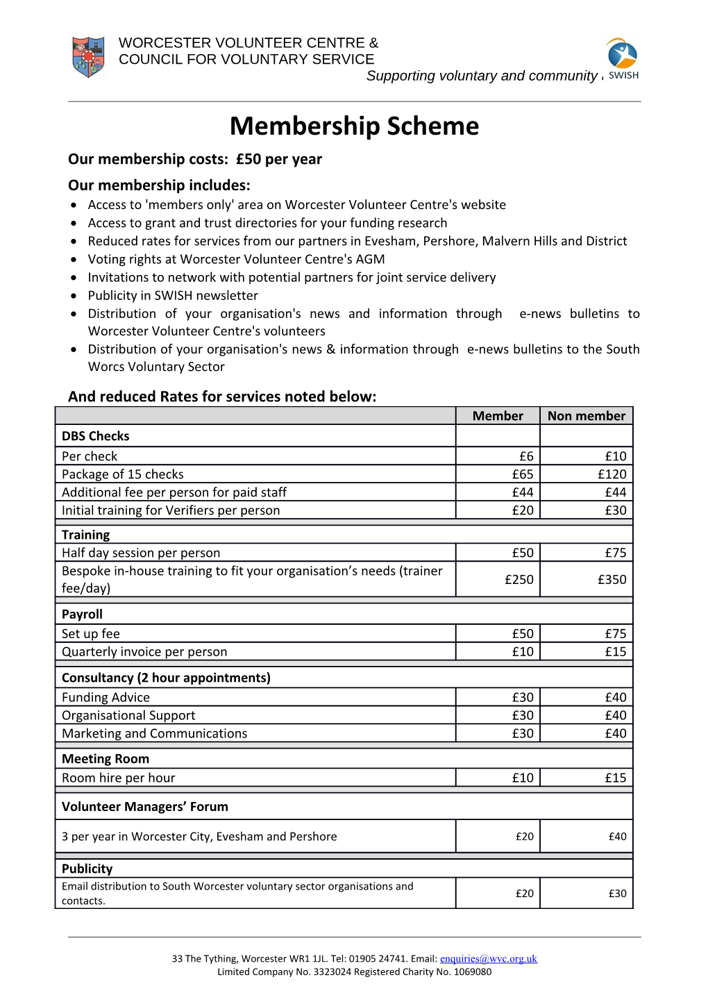 Standard Services and Membership Fees for Worcester Volunteer Centre