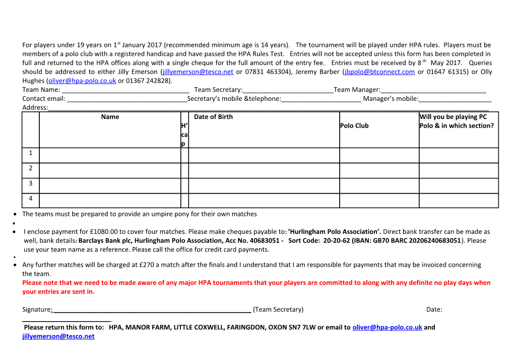 For Players Under 19 Years on 1St January 2017 (Recommended Minimum Age Is 14 Years). The