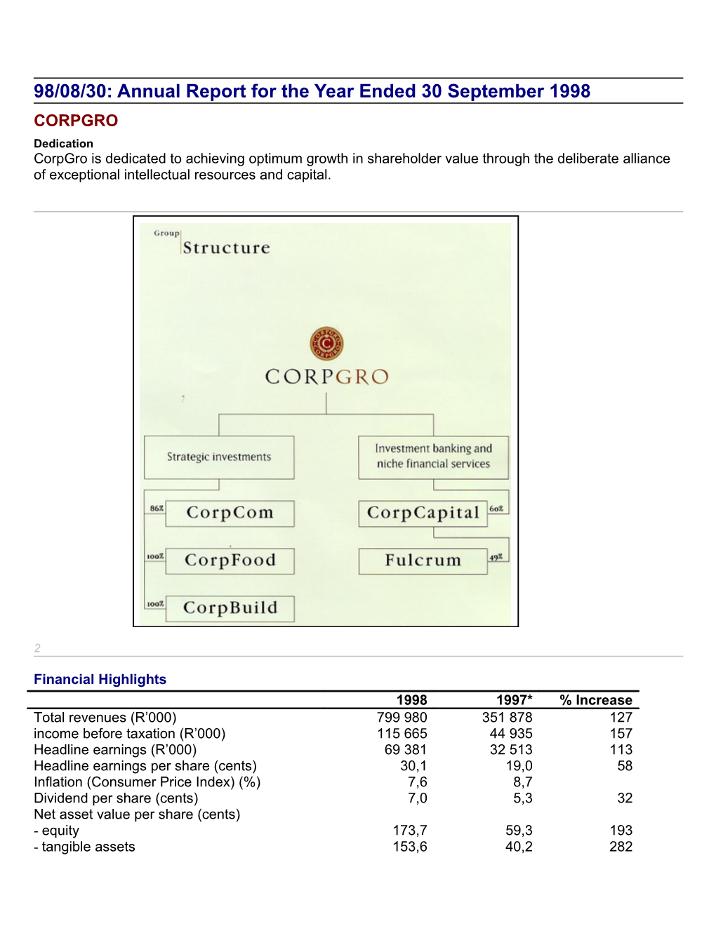 98/08/30: Annual Report for the Year Ended 30 September 1998