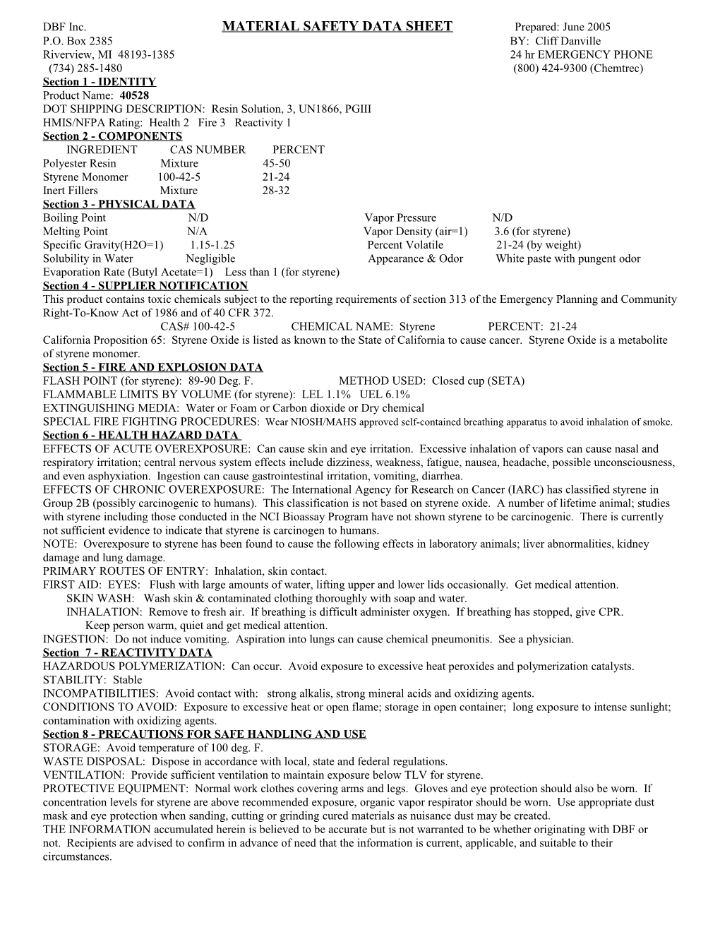 DBF Inc. MATERIAL SAFETY DATA SHEET Prepared: June 2005