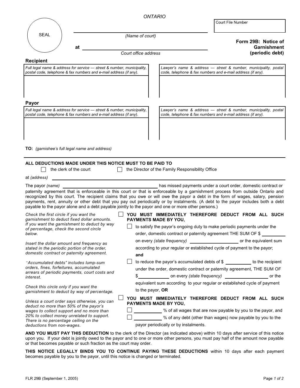 Form 29B: Notice of Garnishment (Periodic Debt)