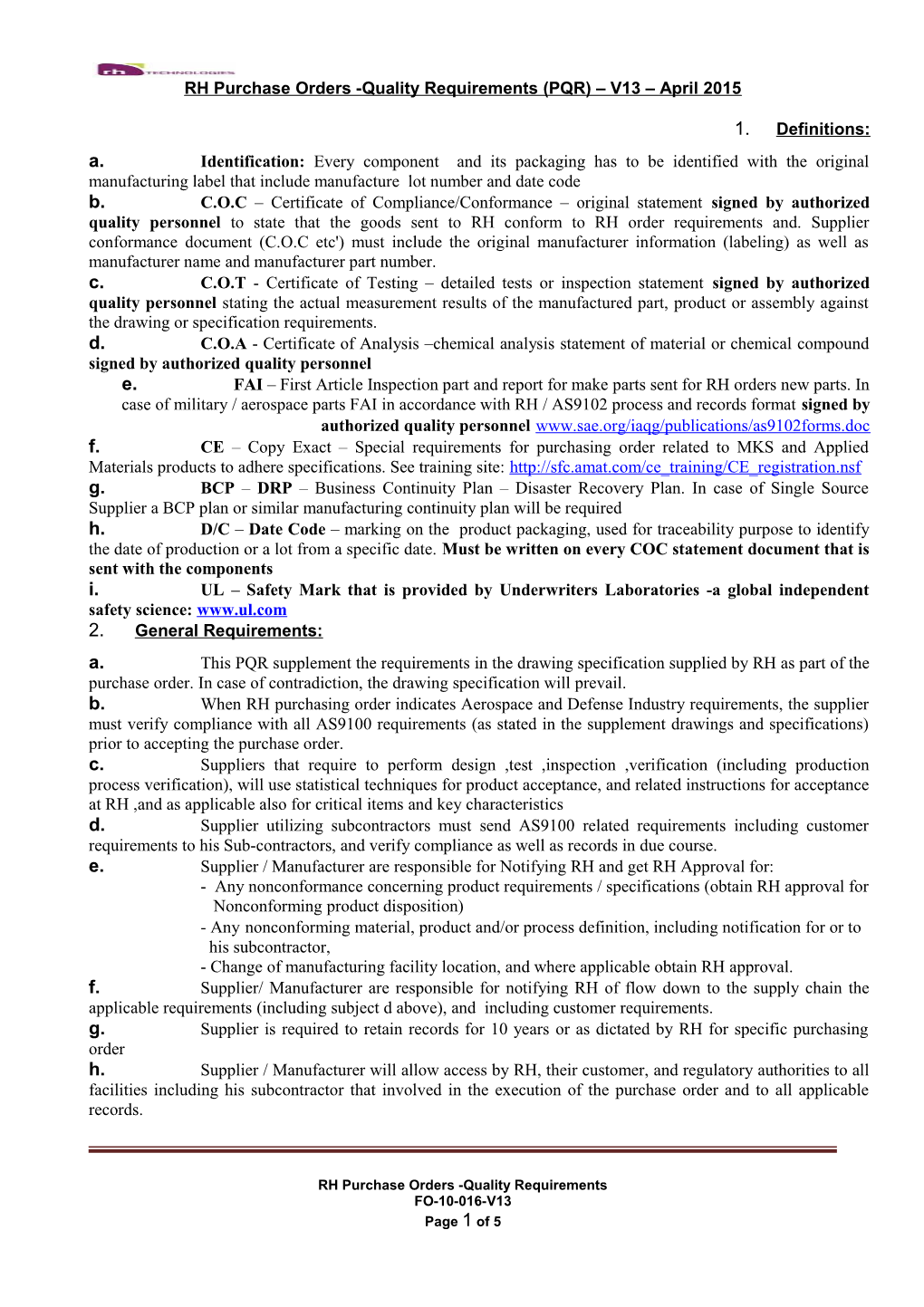 RH Purchase Orders -Quality Requirements (PQR) V13 April 2015