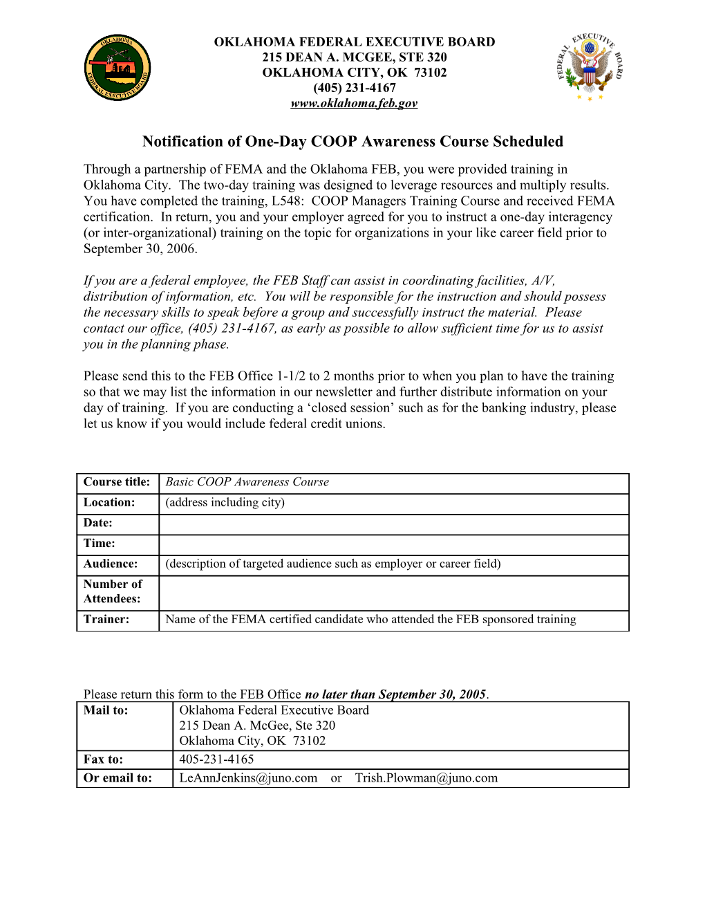 Notification of One-Day COOP Awareness Course Scheduled