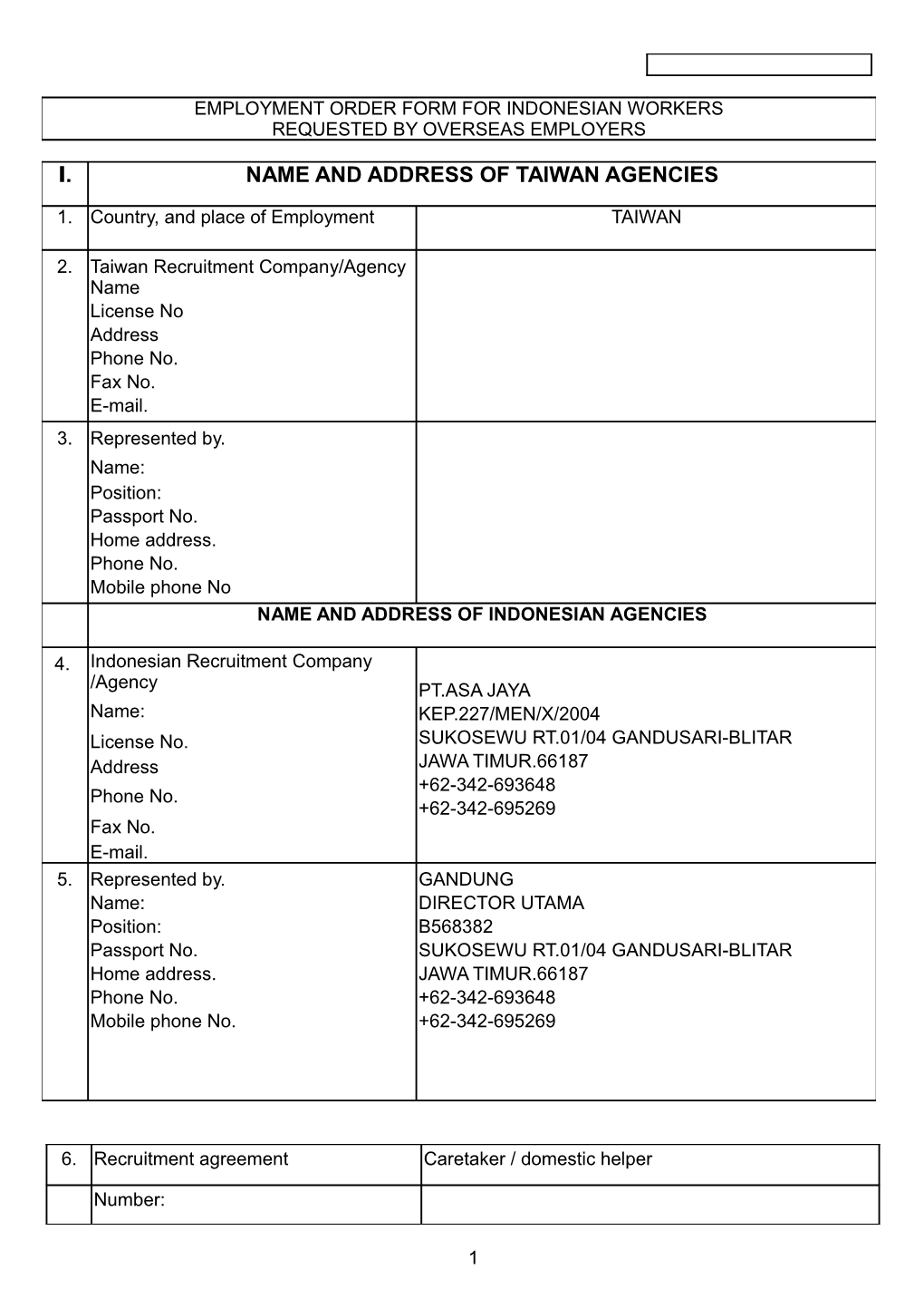 Name and Address of Taiwan Agencies