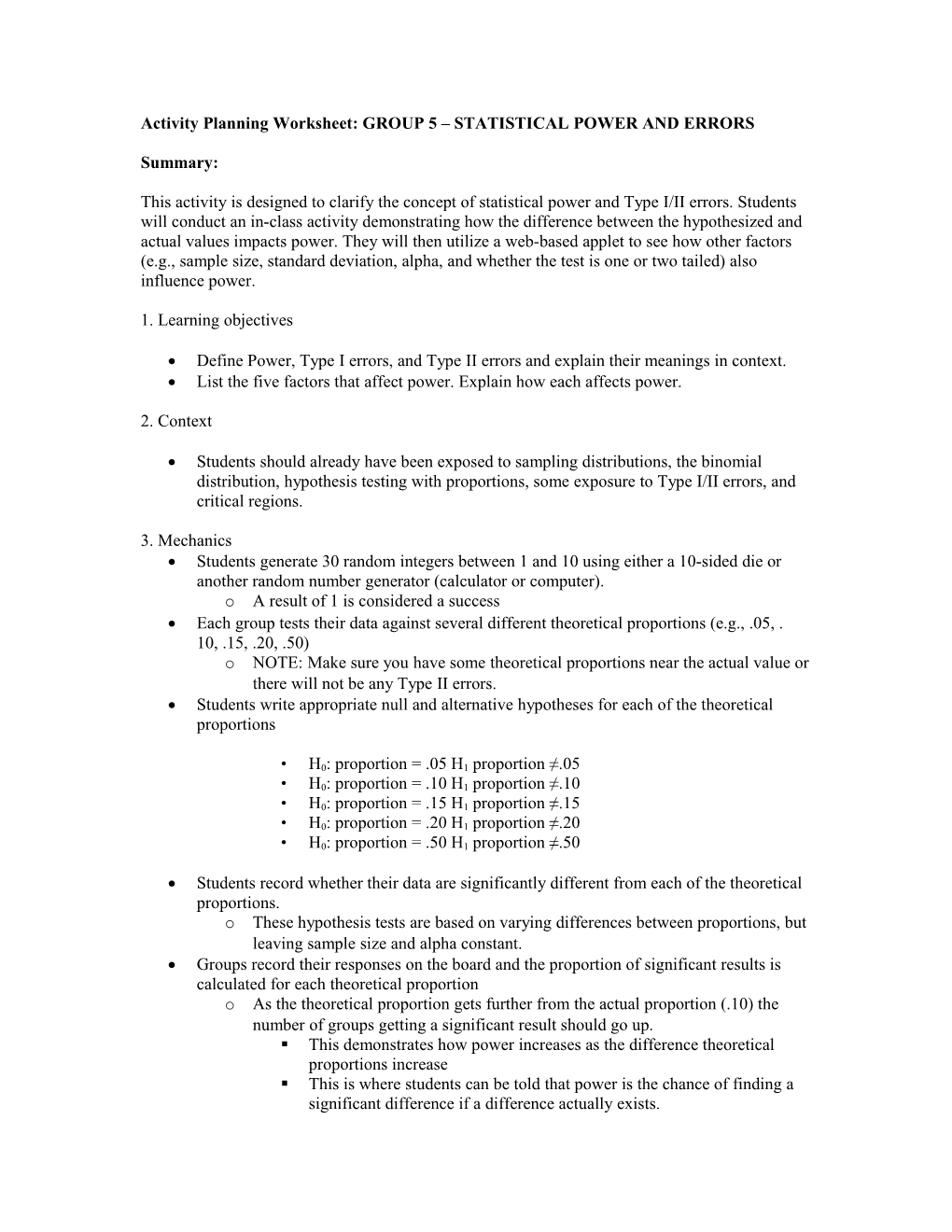 Activity Planning Worksheet: GROUP 5 STATISTICAL POWER and ERRORS