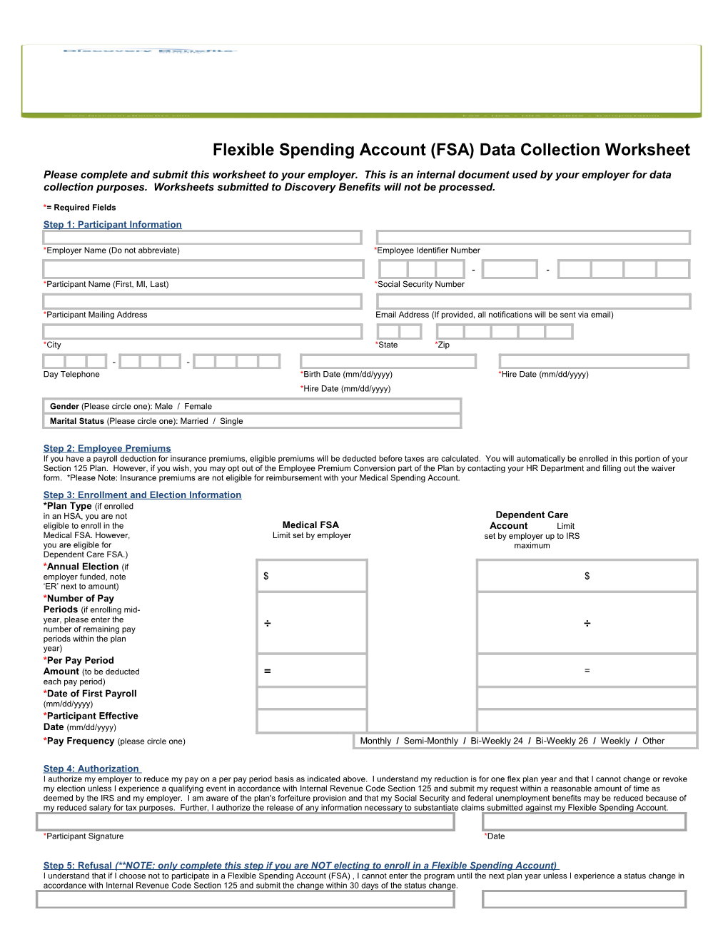 Flexible Spending Account (FSA) Data Collection Worksheet
