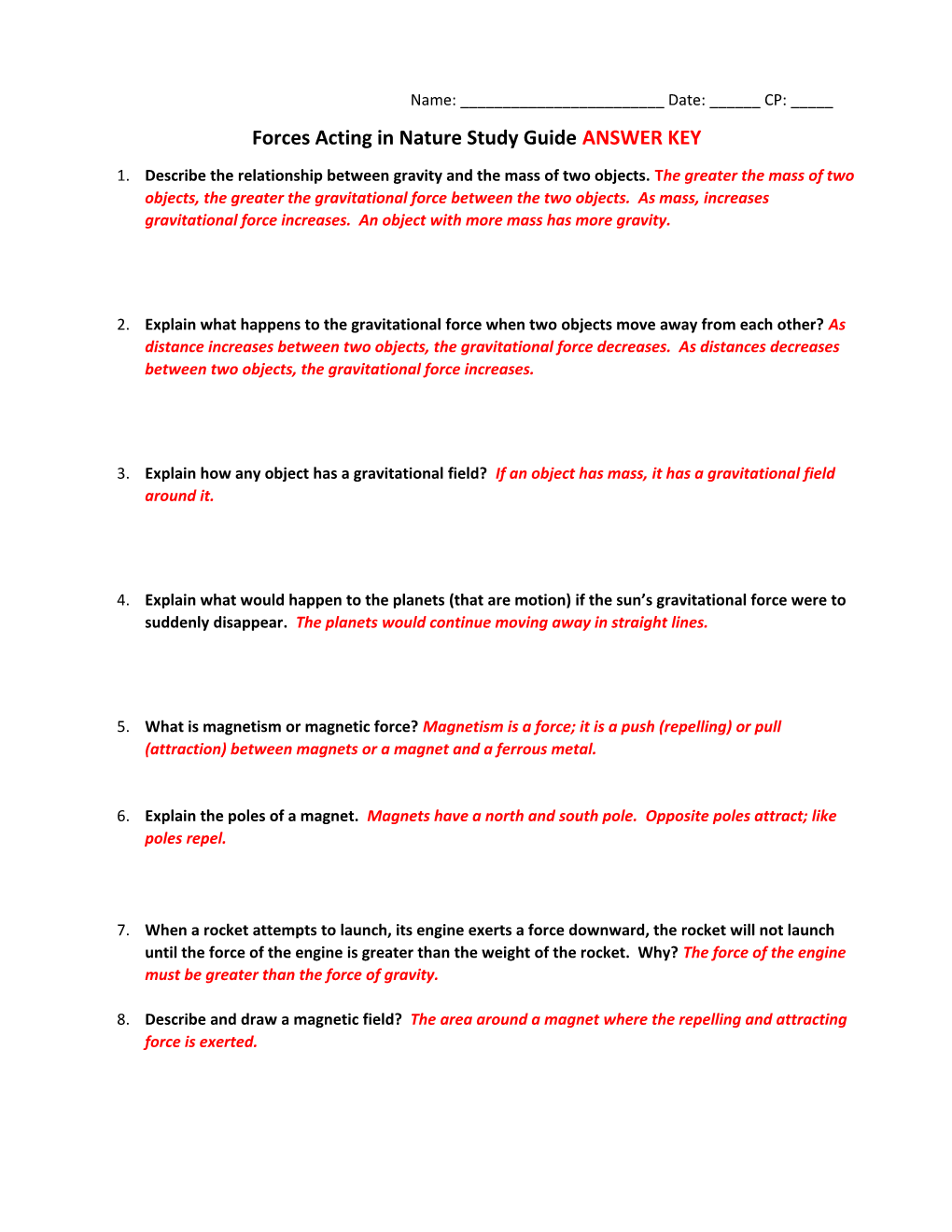 Forces Acting in Nature Study Guideanswer KEY