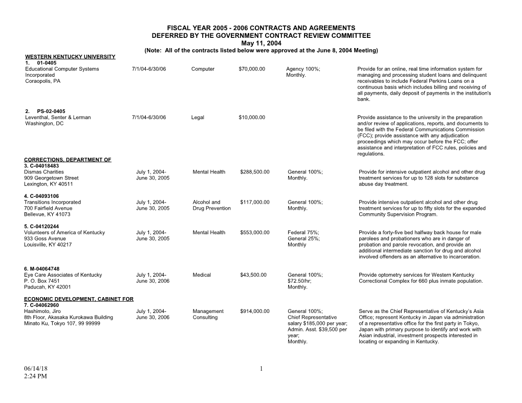 Fiscal Year 2005-2006 Contracts, Agreements, and Modifications