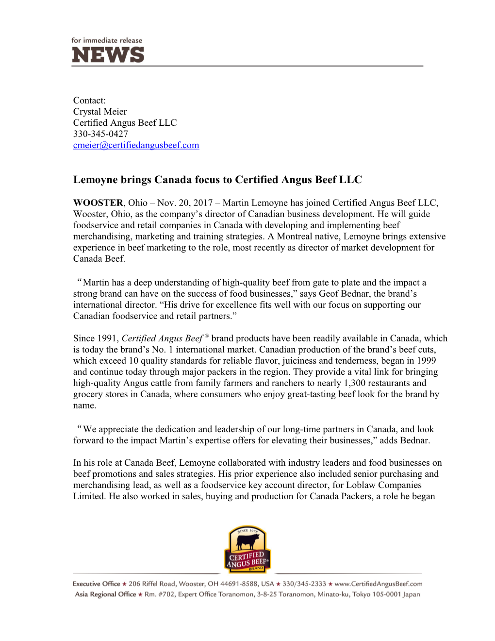 Lemoyne Brings Canada Focus to Certifi Ed Angus Beef LLC