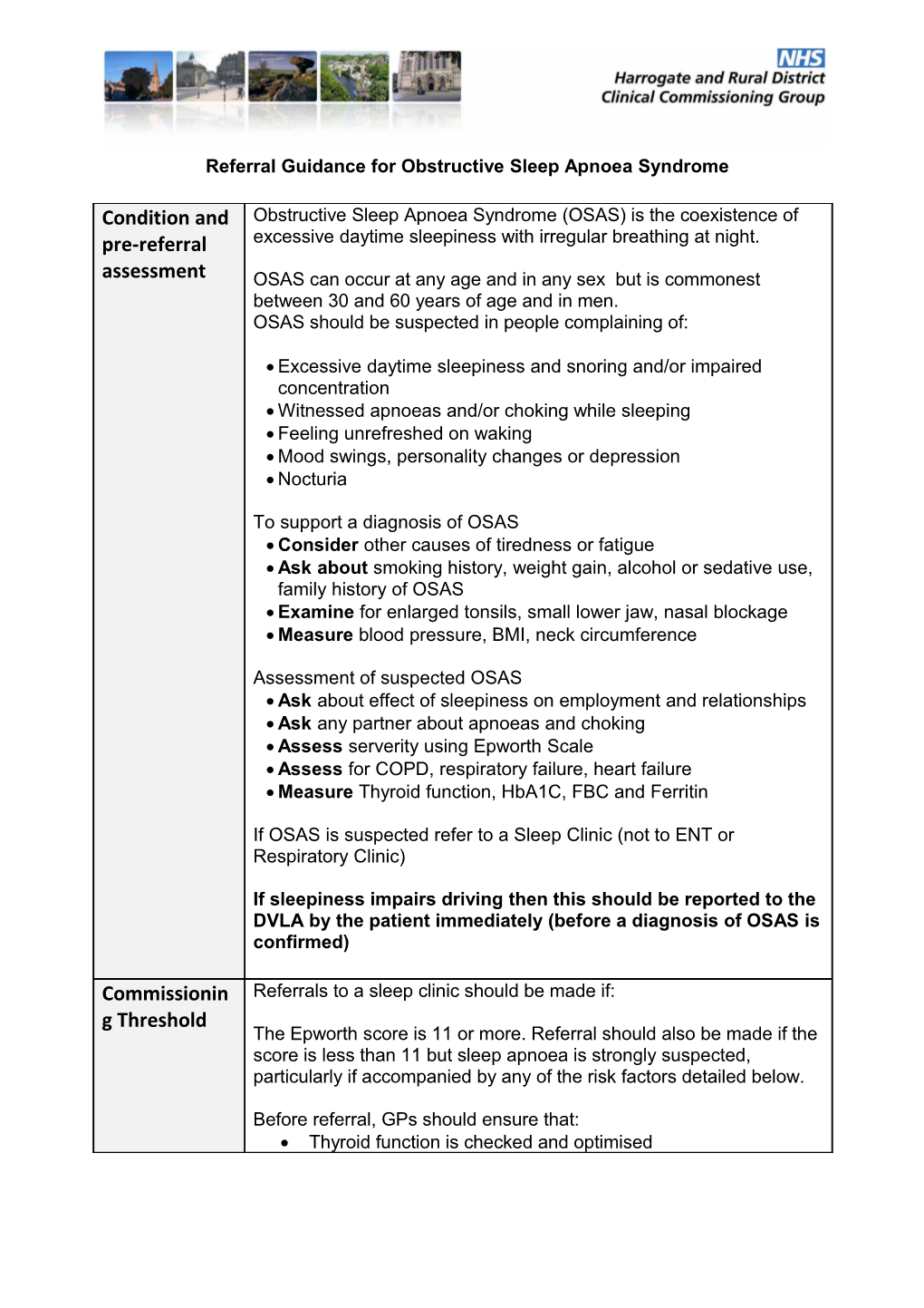 Referral Guidance for Obstructive Sleep Apnoea Syndrome