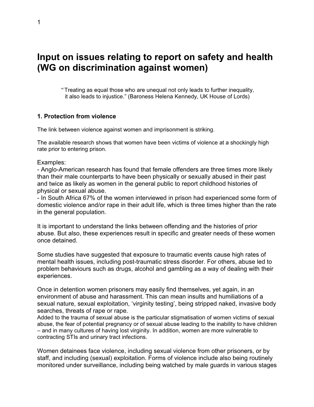 Input on Issues Relating to Report on Safety and Health