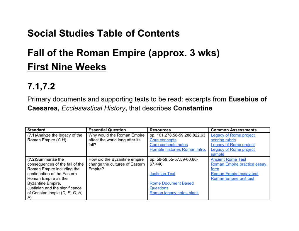 Social Studies Table of Contents