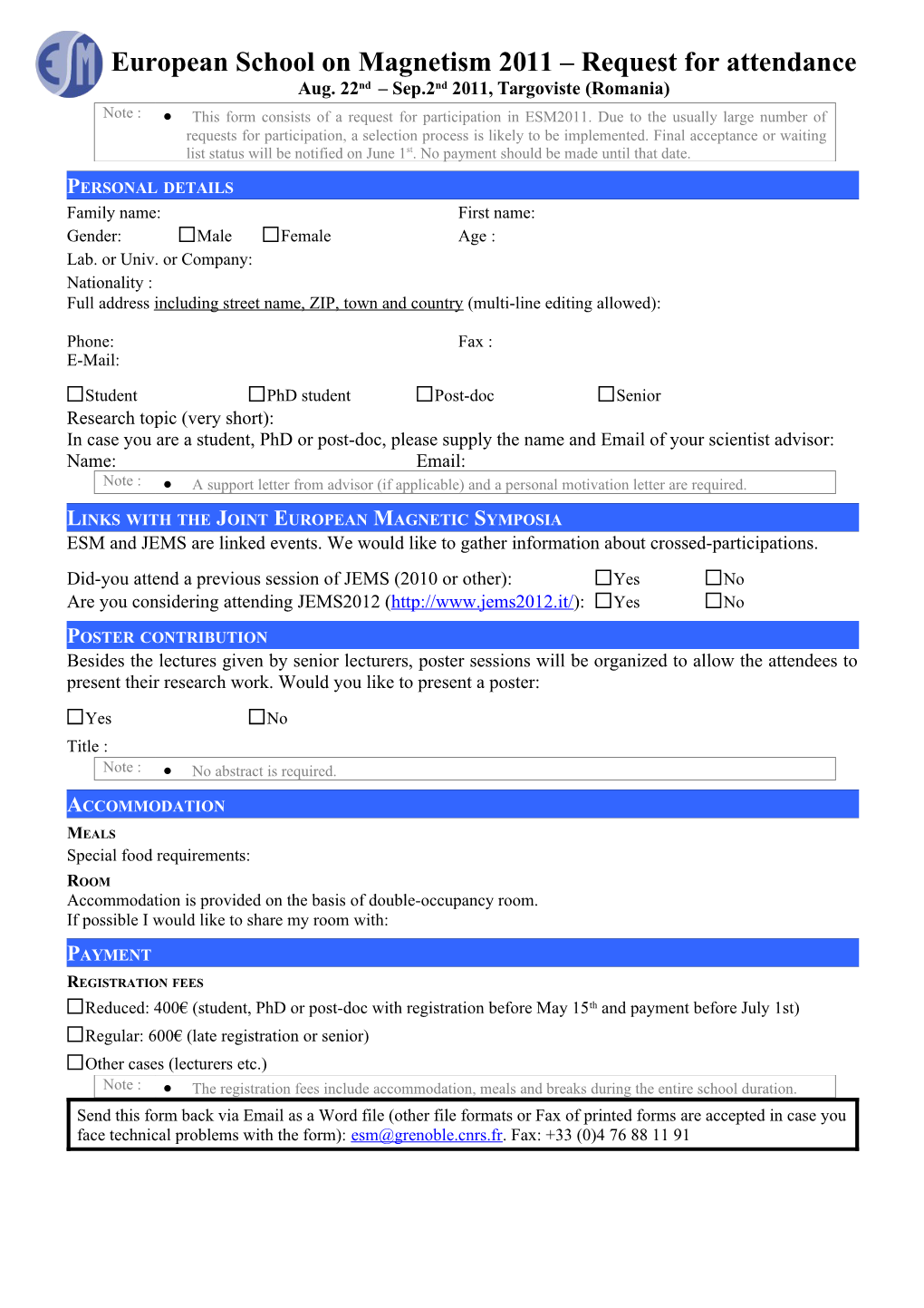 Registration Form for ESM 2011