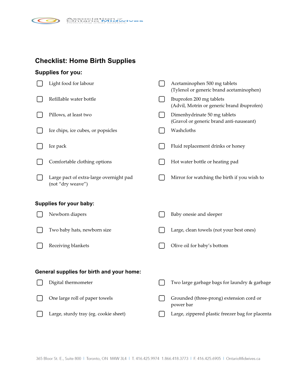 Checklist: Home Birth Supplies