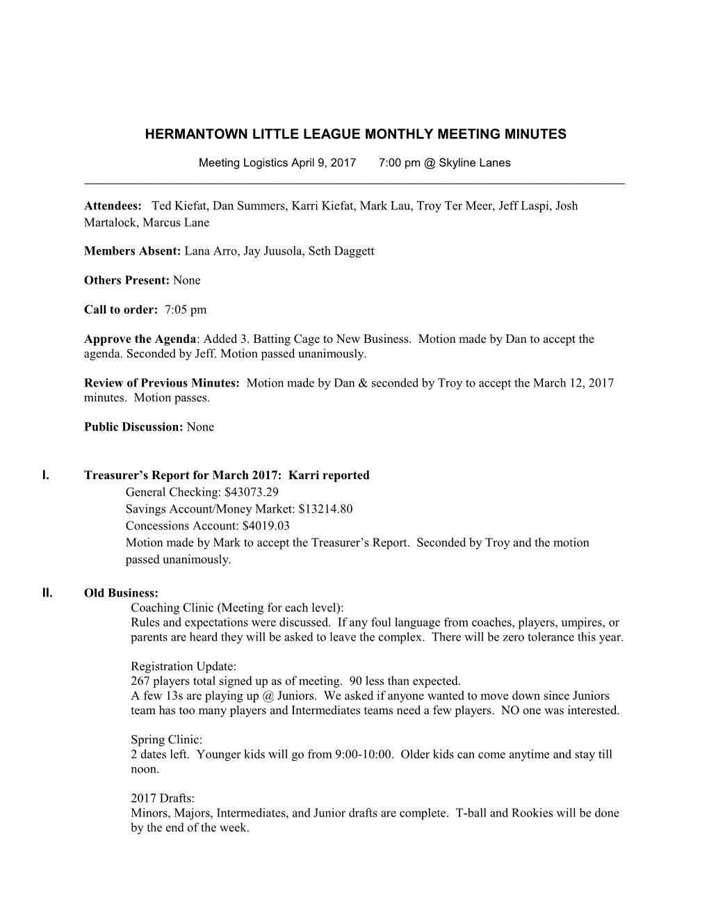 Hermantown Little League Monthly Meeting Minutes