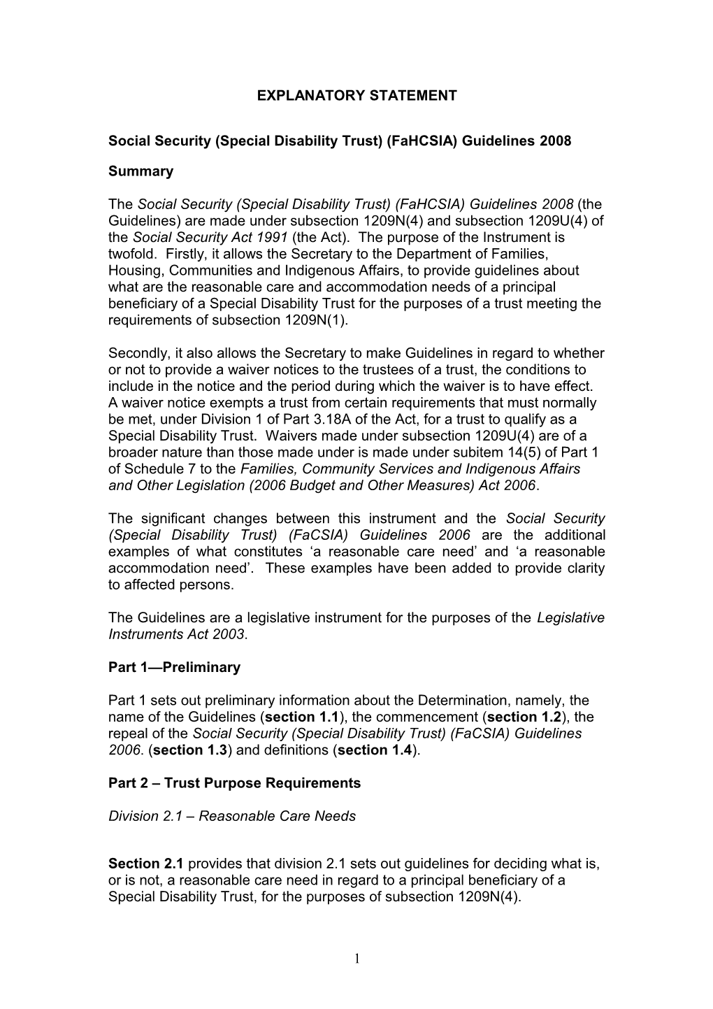 Social Security (Special Disability Trust) (Fahcsia) Guidelines2008