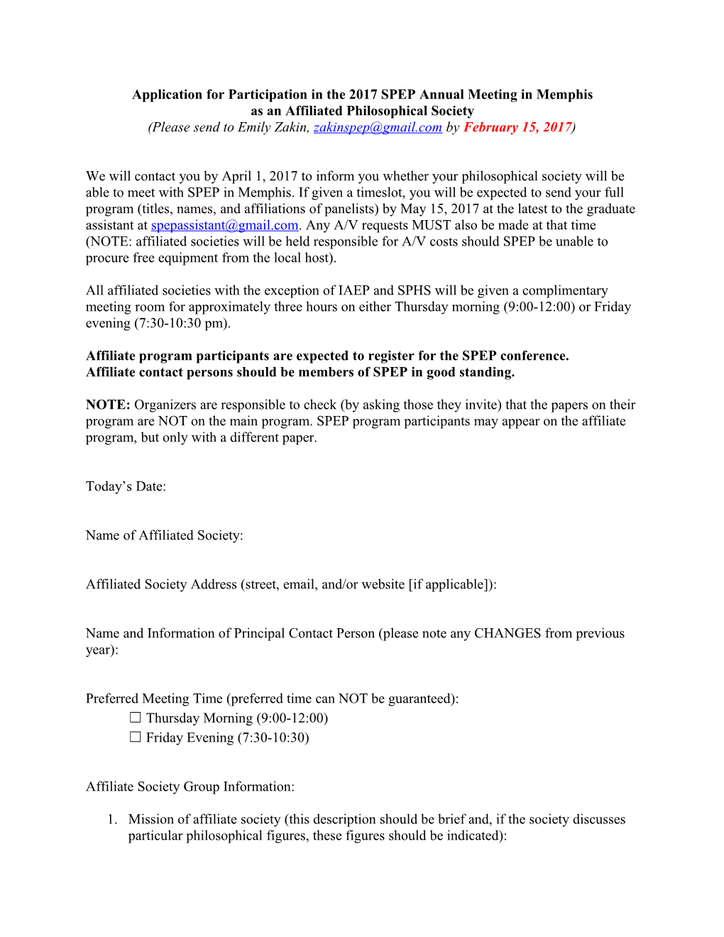 Application for Participation in the SPEP Annual Meeting As a Satellite Group