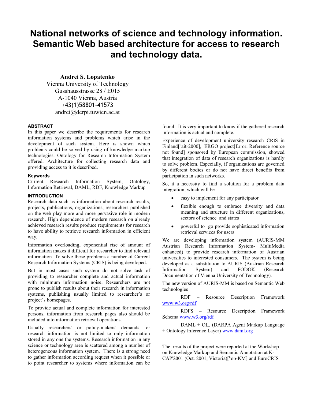 National Networks of Science and Technology Information. Semantic Web Based Architecture