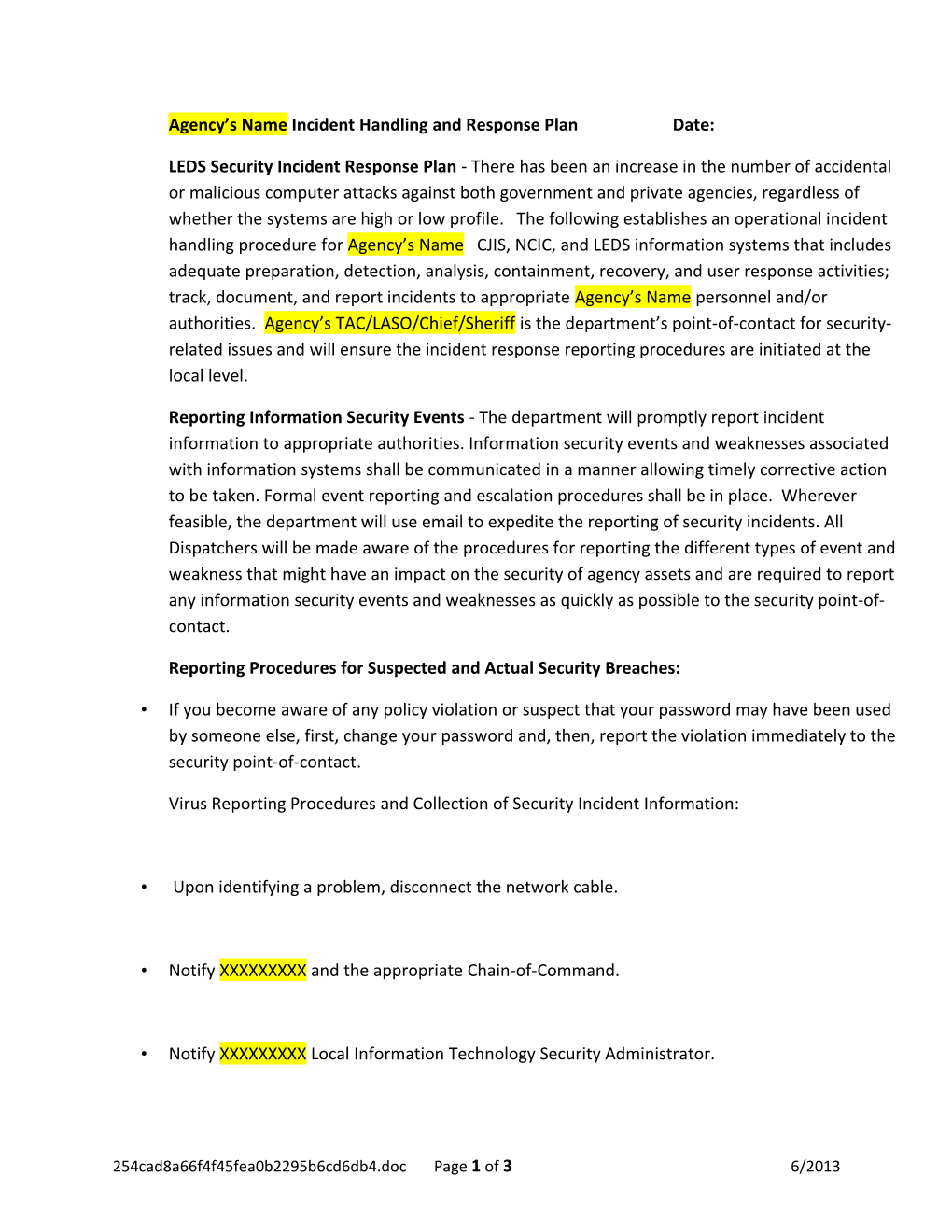 Agency S Name Incident Handling and Response Plandate