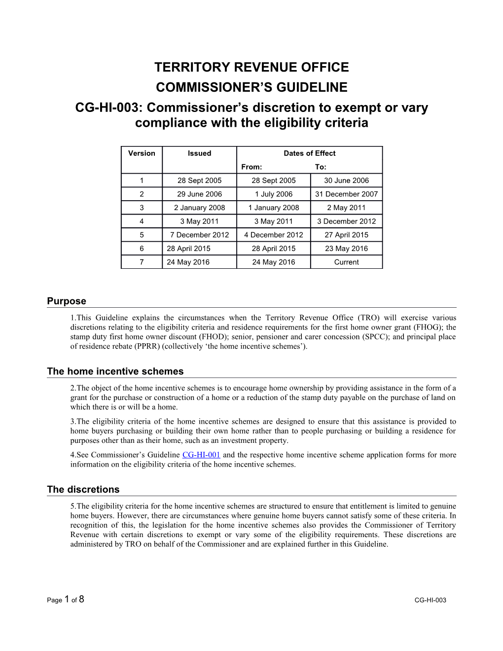 Commissioners Guideline - Discretion to Exempt Or Vary Compliance with Eligibility Criteria