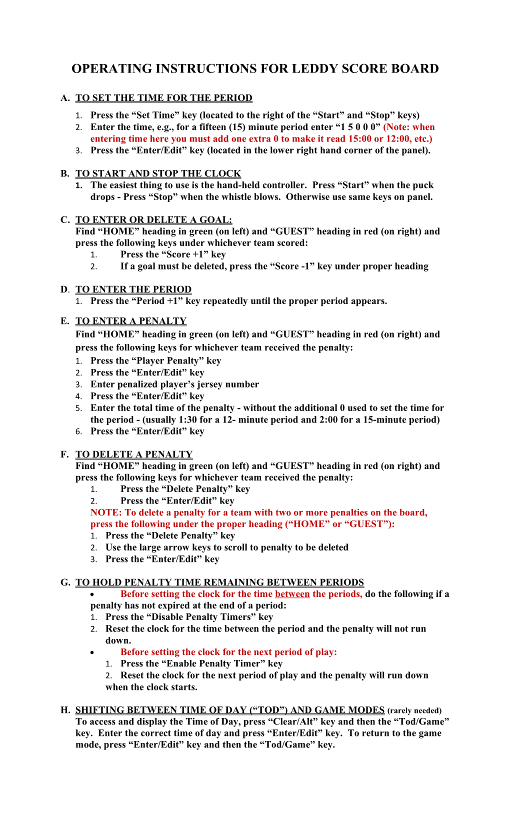 Operating Instructions for Leddy Score Board