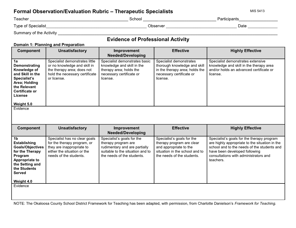 Formal Observation/Evaluation Rubric