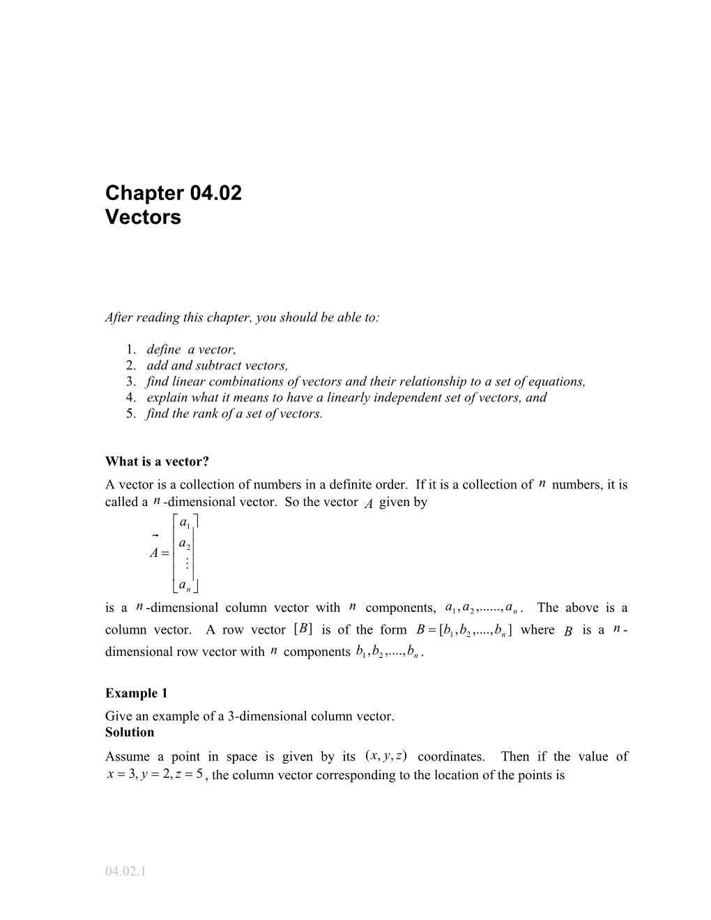 Text Notes on Vectors: General Engineering