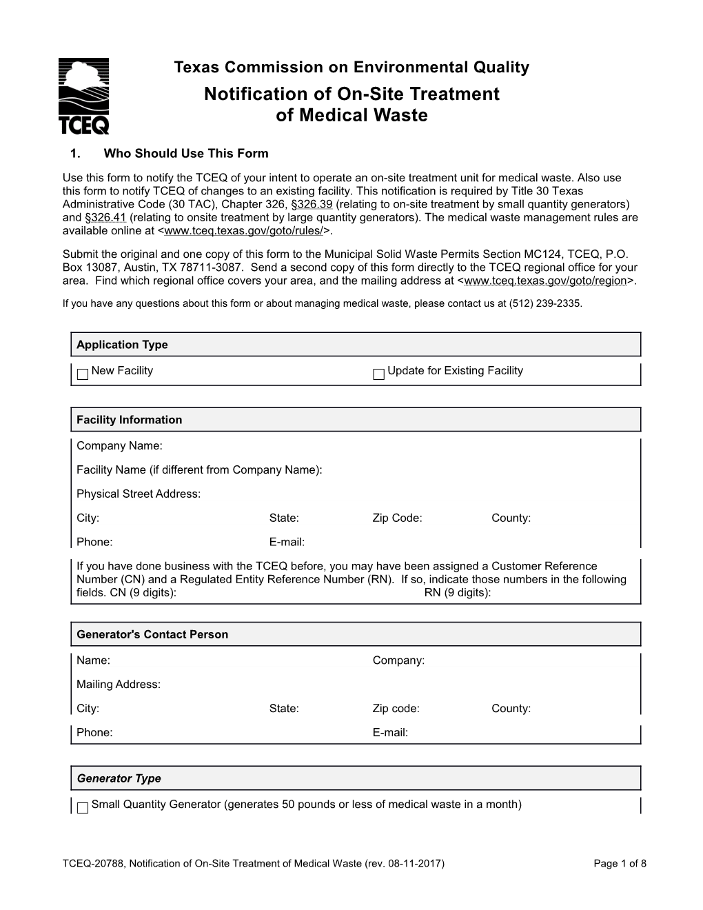 Form TCEQ-20788, Notification of On-Site Treatment of Medical Waste