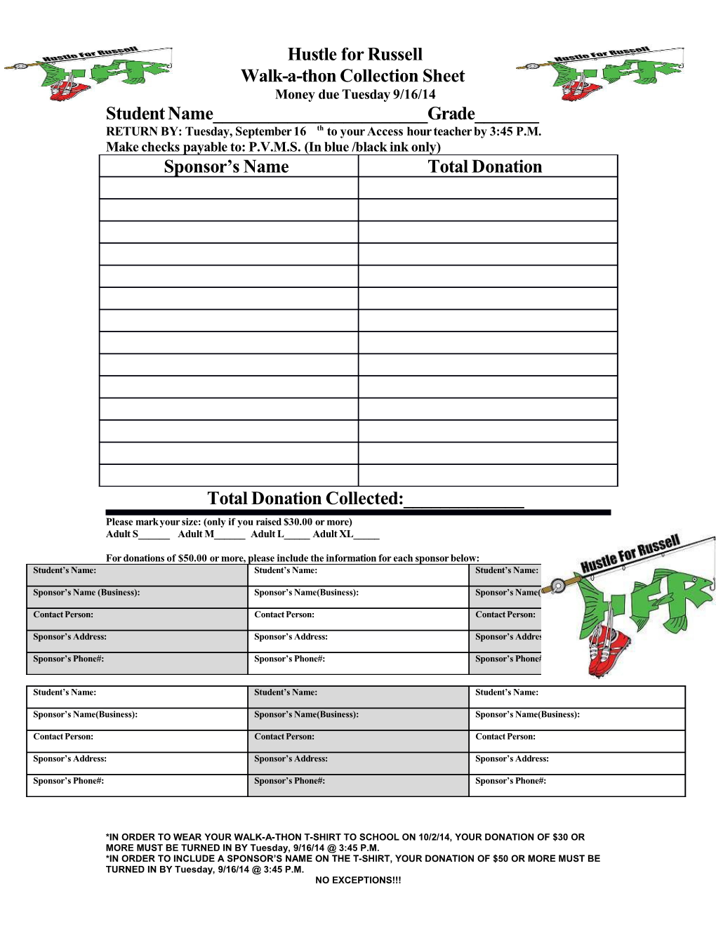 Walk-A-Thon Collection Sheet