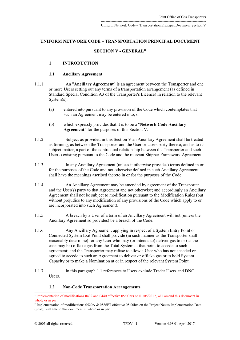 Uniform Network Code Transportation Principal Document