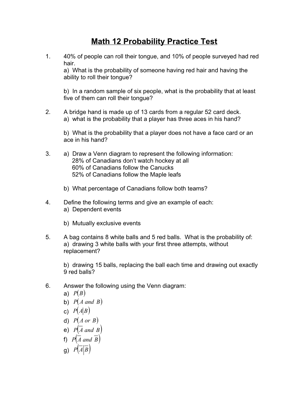 Math 12 Probability Practice Test