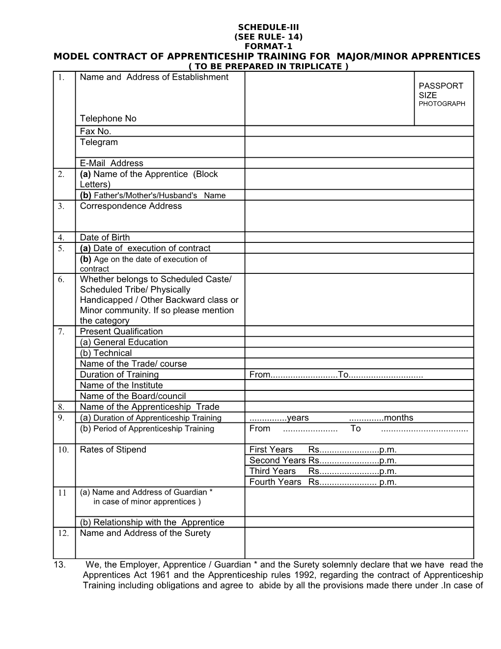 Model Contract of Apprenticeship Training for Major/Minor Apprentices