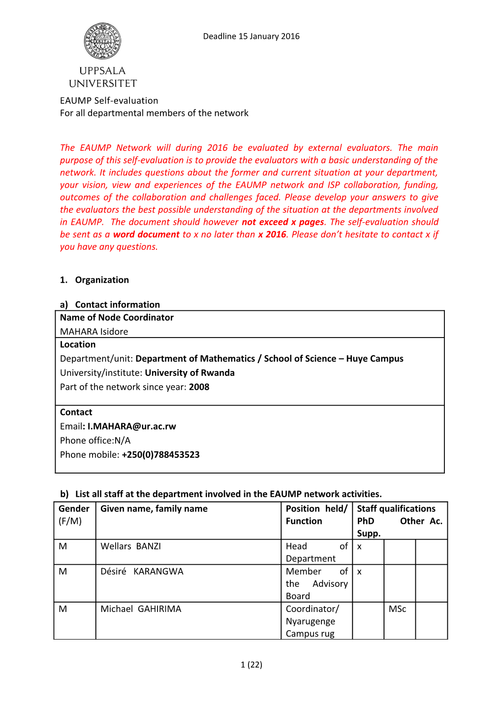 B) List All Staff at the Department Involved in the EAUMP Network Activities