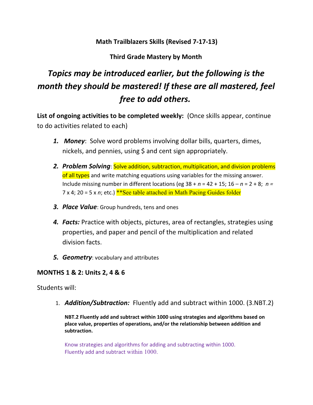 Math Trailblazers Skills (Revised 7-17-13)