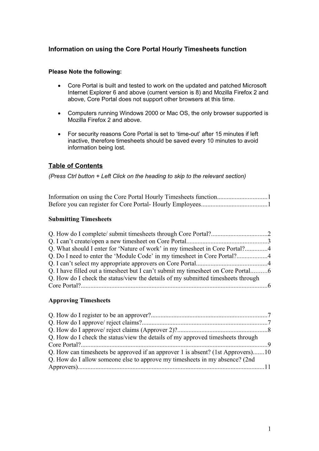 Information on Using the Core Portal Hourly Timesheets Function