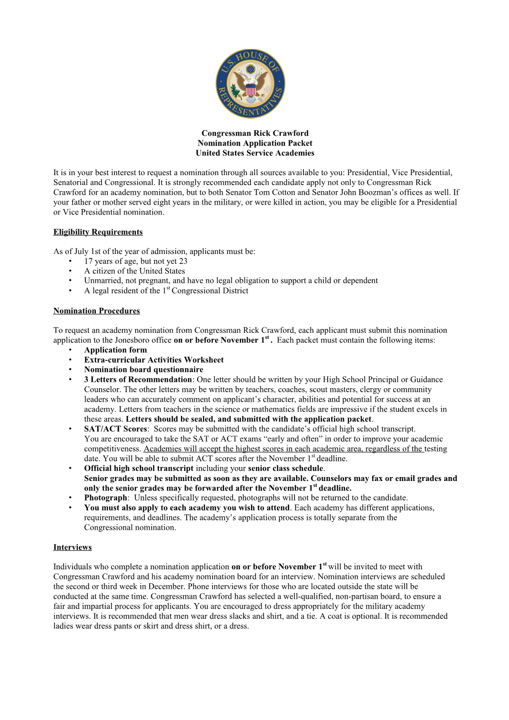 Congressman Rick Crawford Nomination Application Packet United States Service Academies