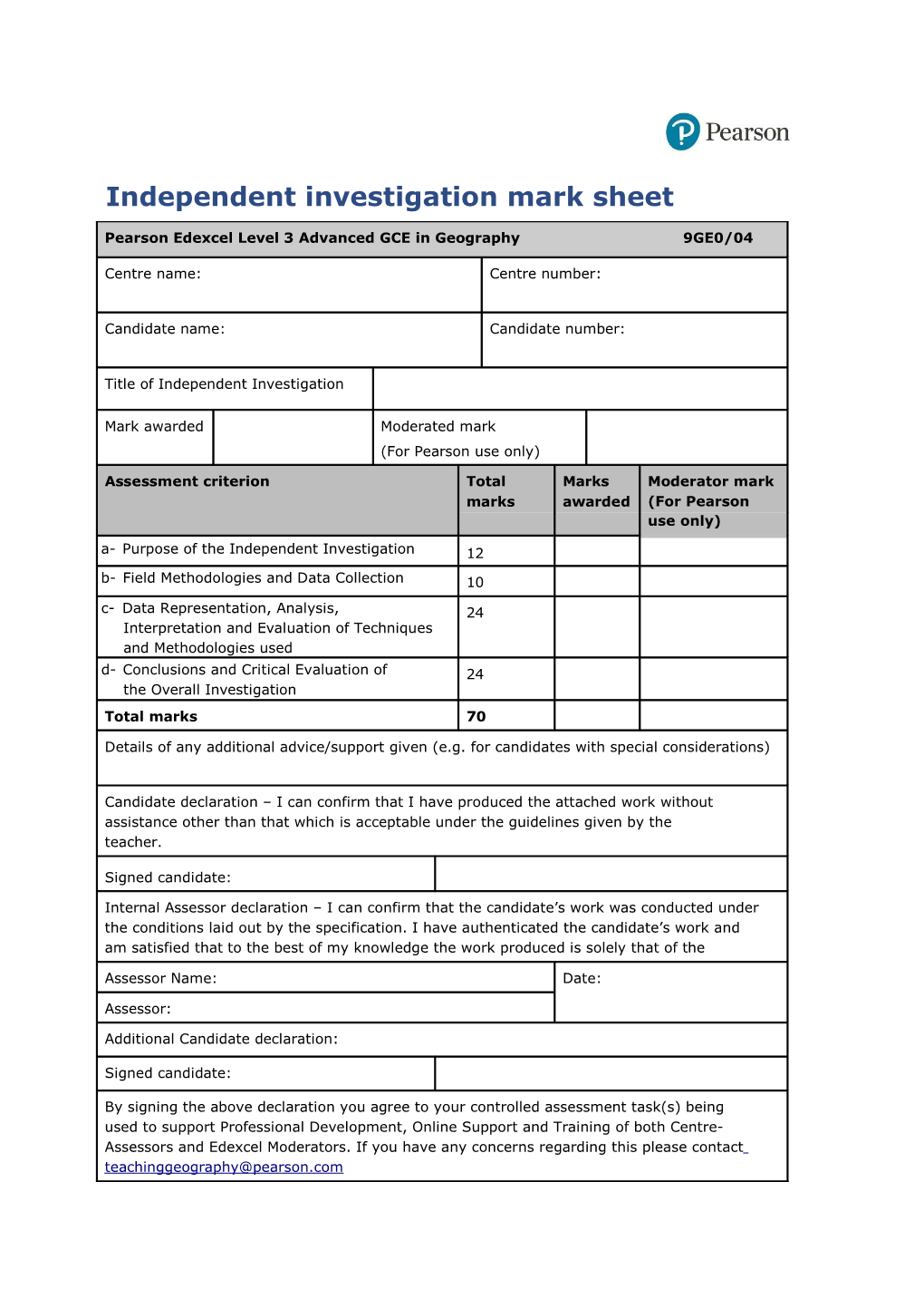 Independent Investigation Mark Sheet