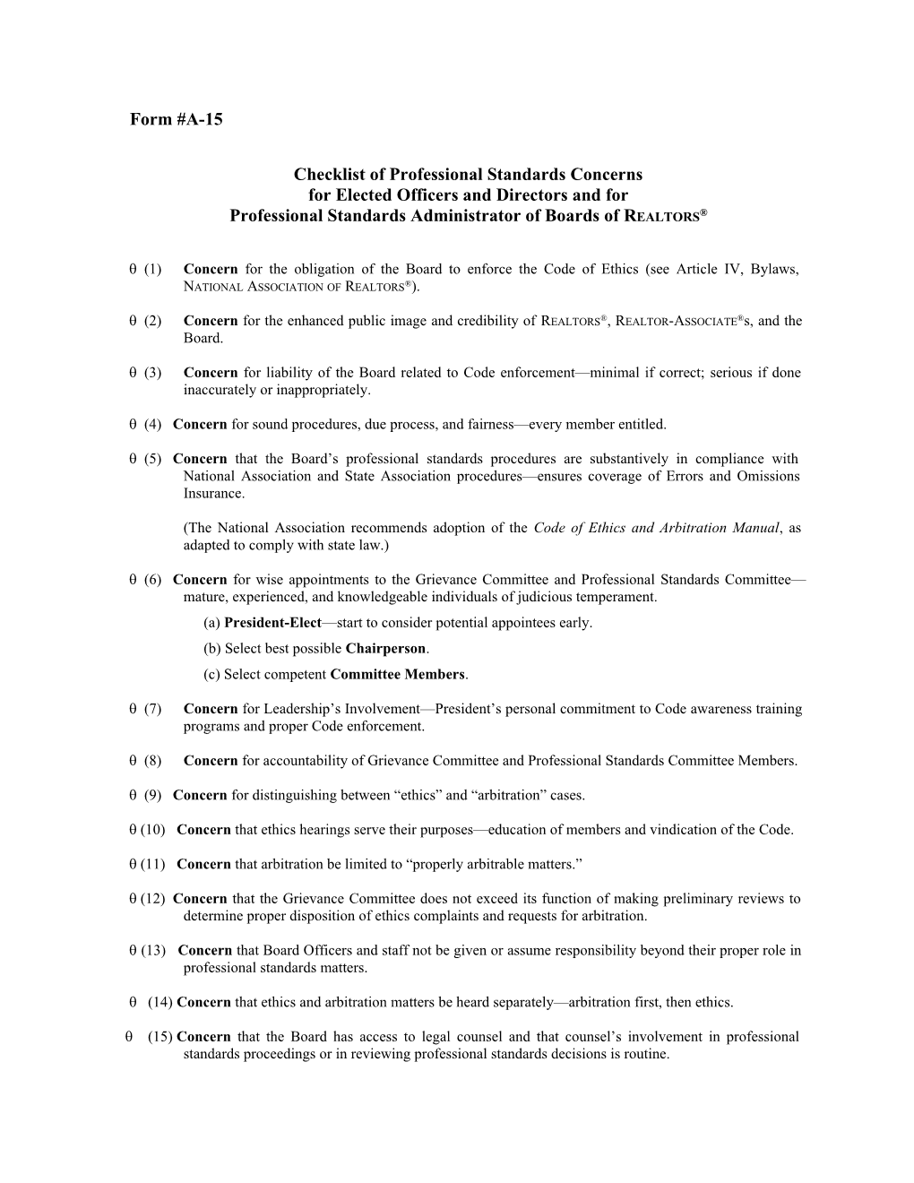 Checklist of Professional Standards Concerns
