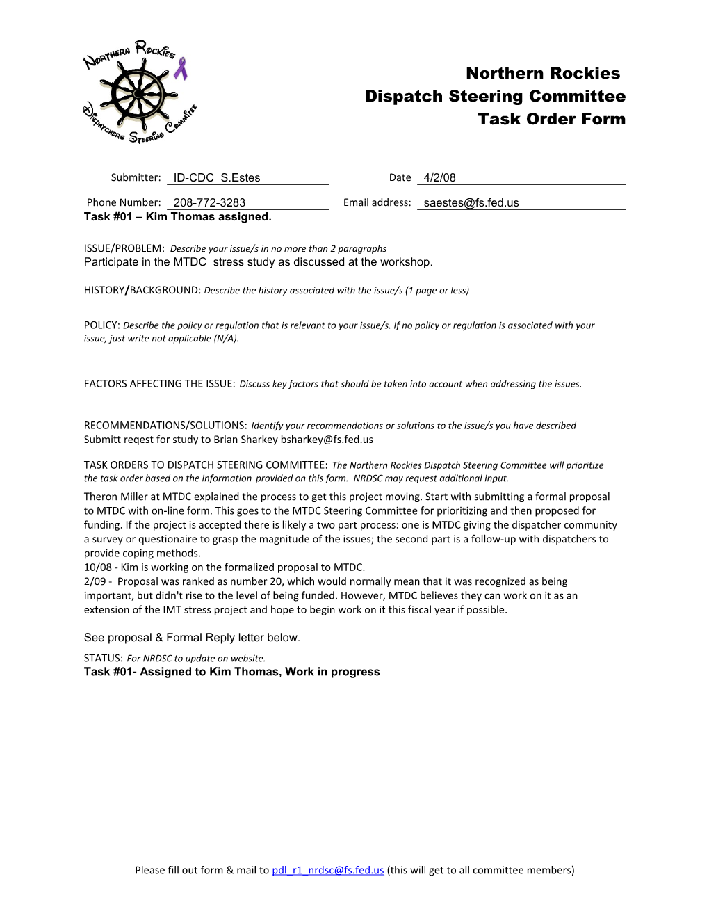 Northern Rockies Dispatch Steering Committee Task Order Form