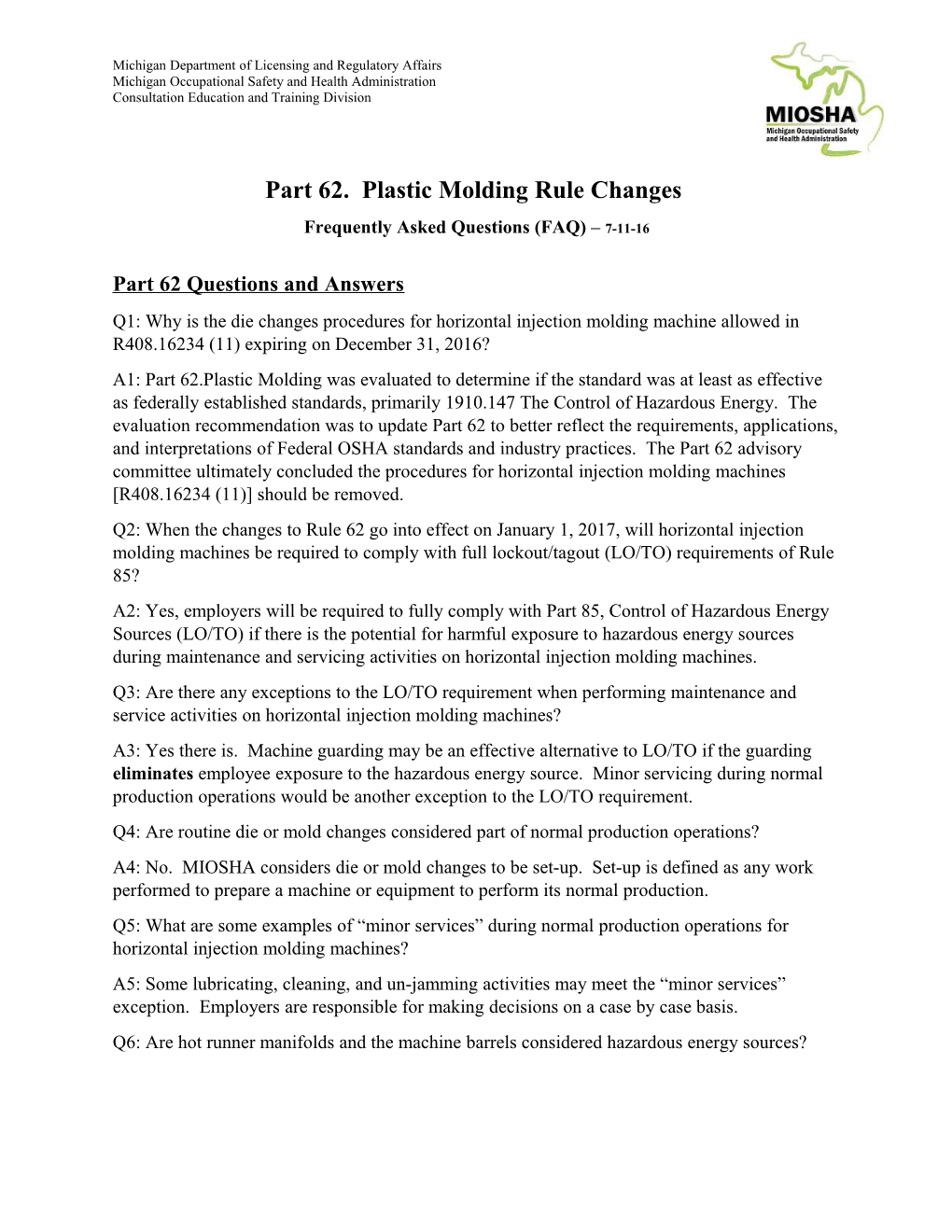 Part 62. Plastic Molding Rule Changes