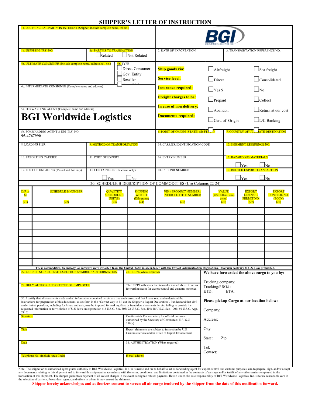 Shipper S Letter of Instruction