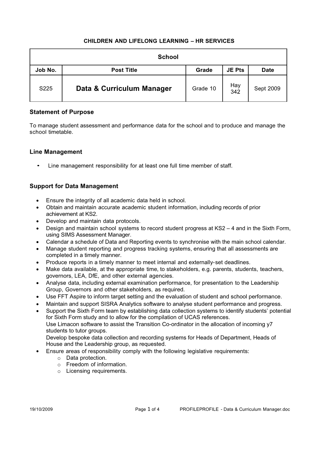 Data & Curriculum Manager Job Descirption & Person Specification