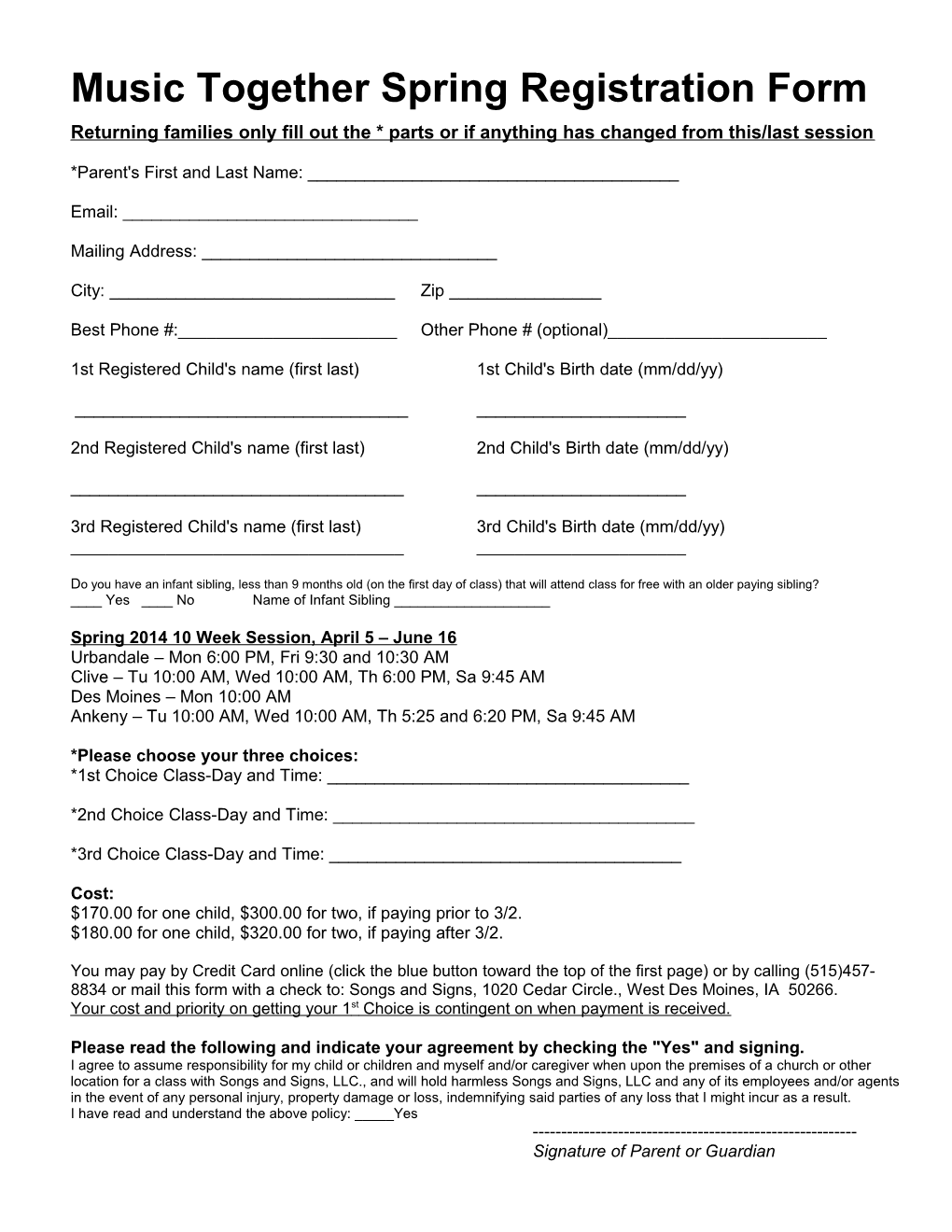 Music Together Spring Registration Form