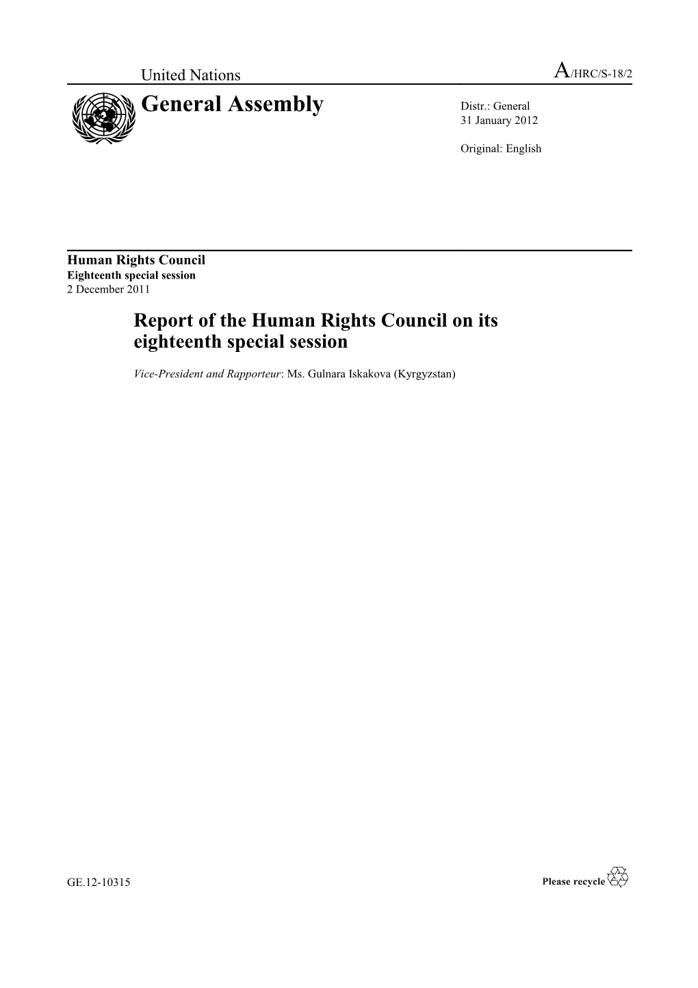 Report of the Human Rights Council on Its Eighteenth Special Session