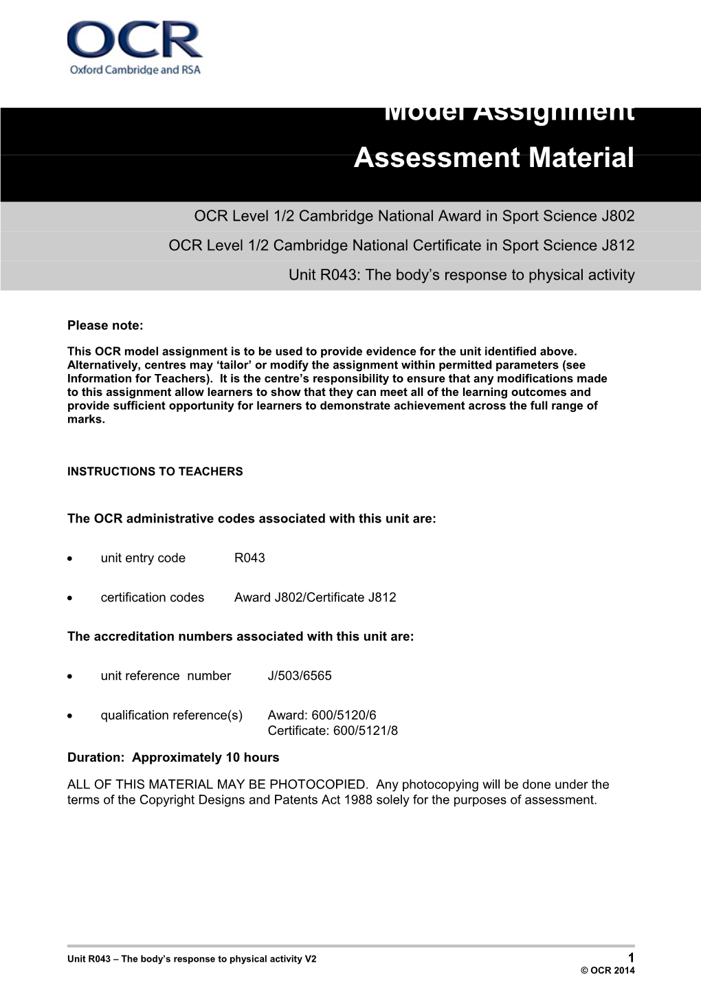 Unit R043 the Body S Response to Physical Activity - Model Assignment 2