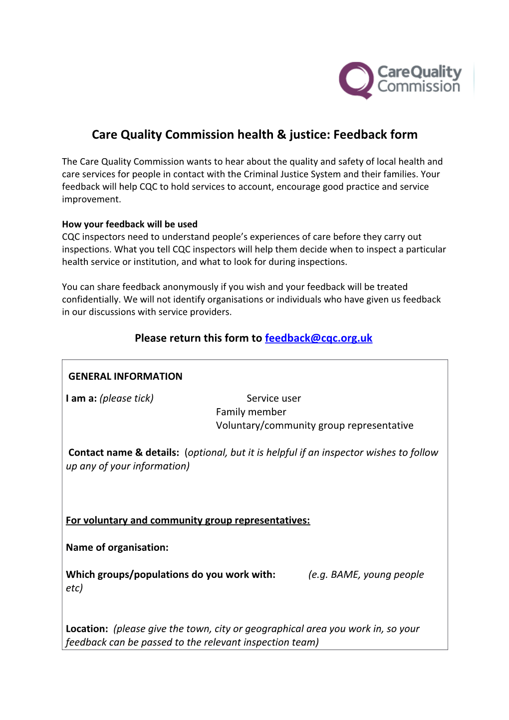 Care Quality Commission Health & Justice: Feedback Form