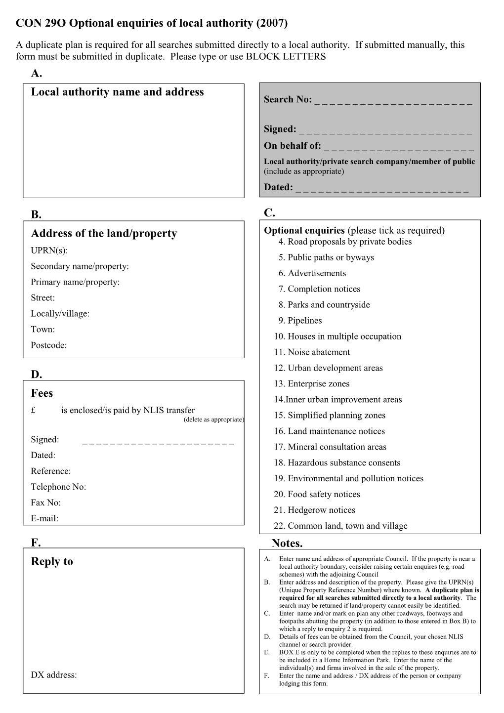 CON 29R Enquiries of Local Authority (2007)