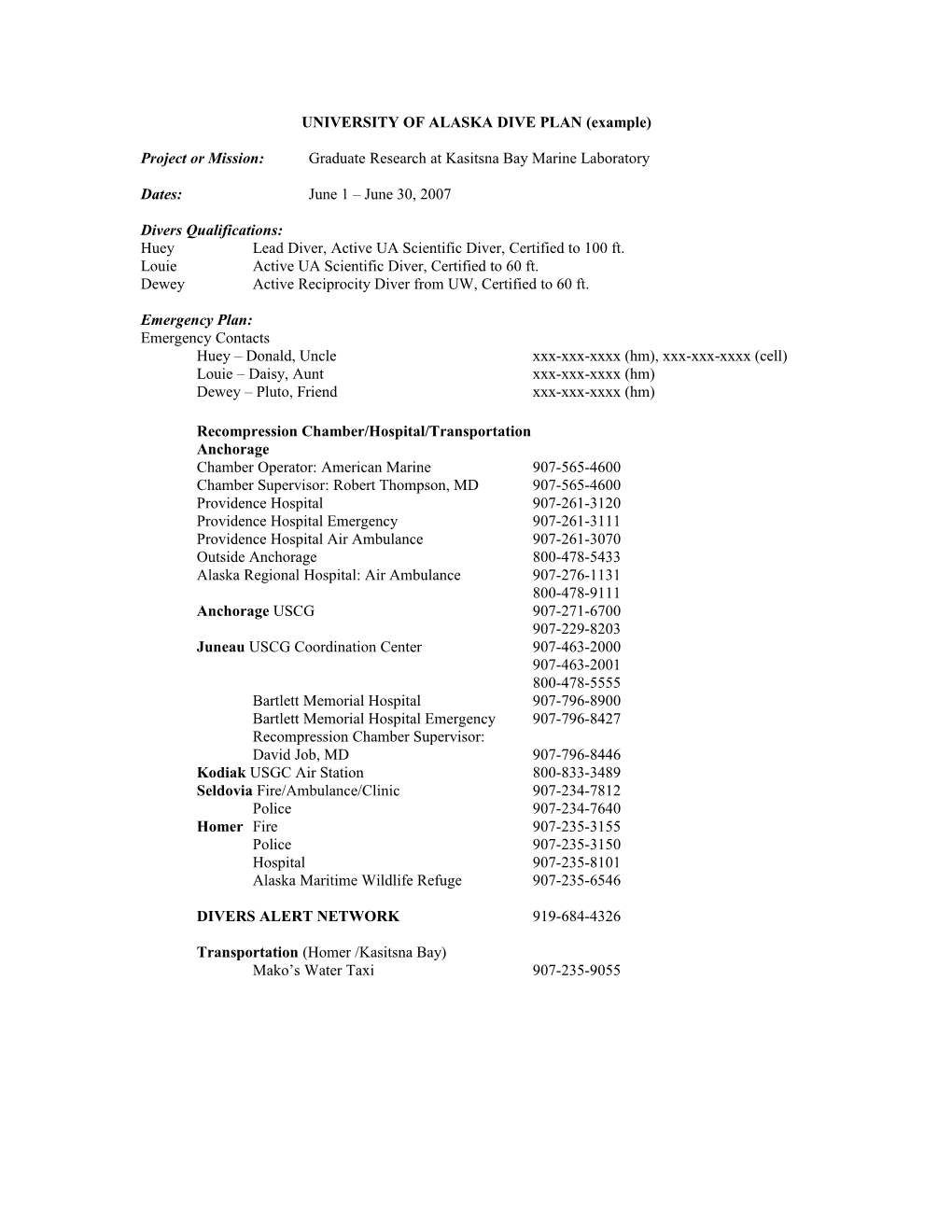 UNIVERSITY of ALASKA DIVE PLAN (Example)